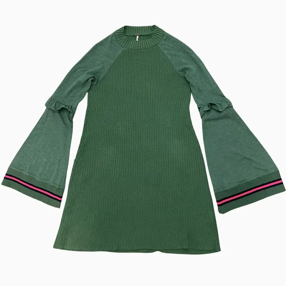 Free People XS Zou Bisou Sweater Dress | Green, Bell Sleeves, Ruffle Trim, $120 - Picture 2 of 5